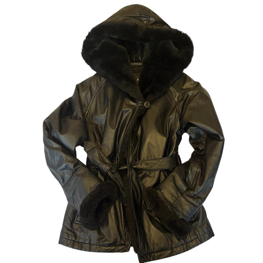 Wilsons Leather Black Fur Trim Hooded Belted Jacket Kid's Large‎